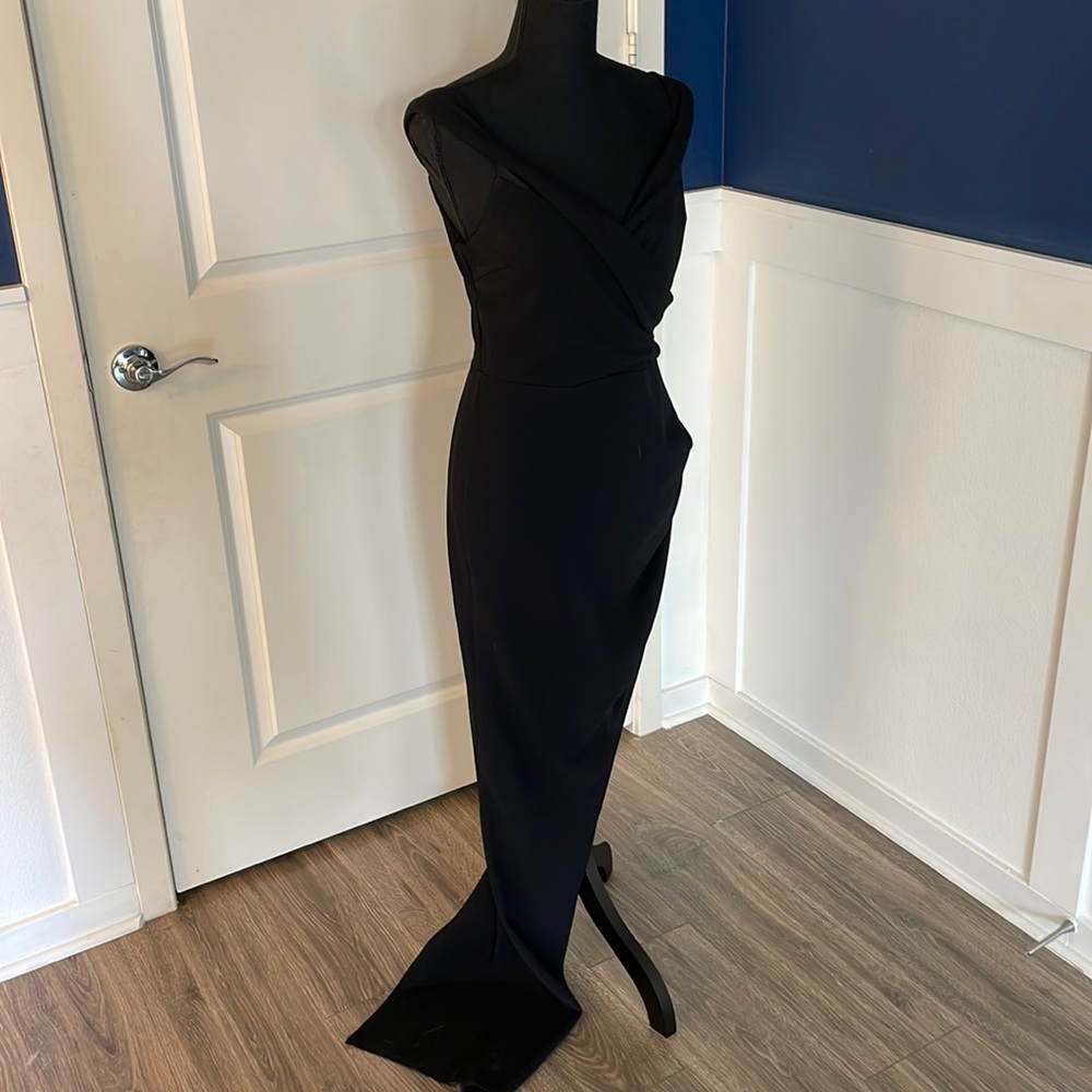High slit, off the shoulder, all black dress